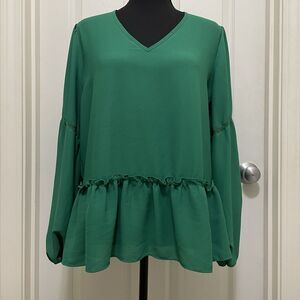 PLEIONE Blouse V-Neck Lantern Sleeve Shirt Green Womens Medium Flowy Boho Ruffle